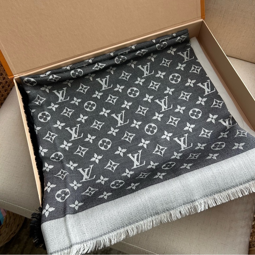 Louis Vuitton Monogram Denim Shawl in Black Wool Silk Blend Stylish CozyDesigner